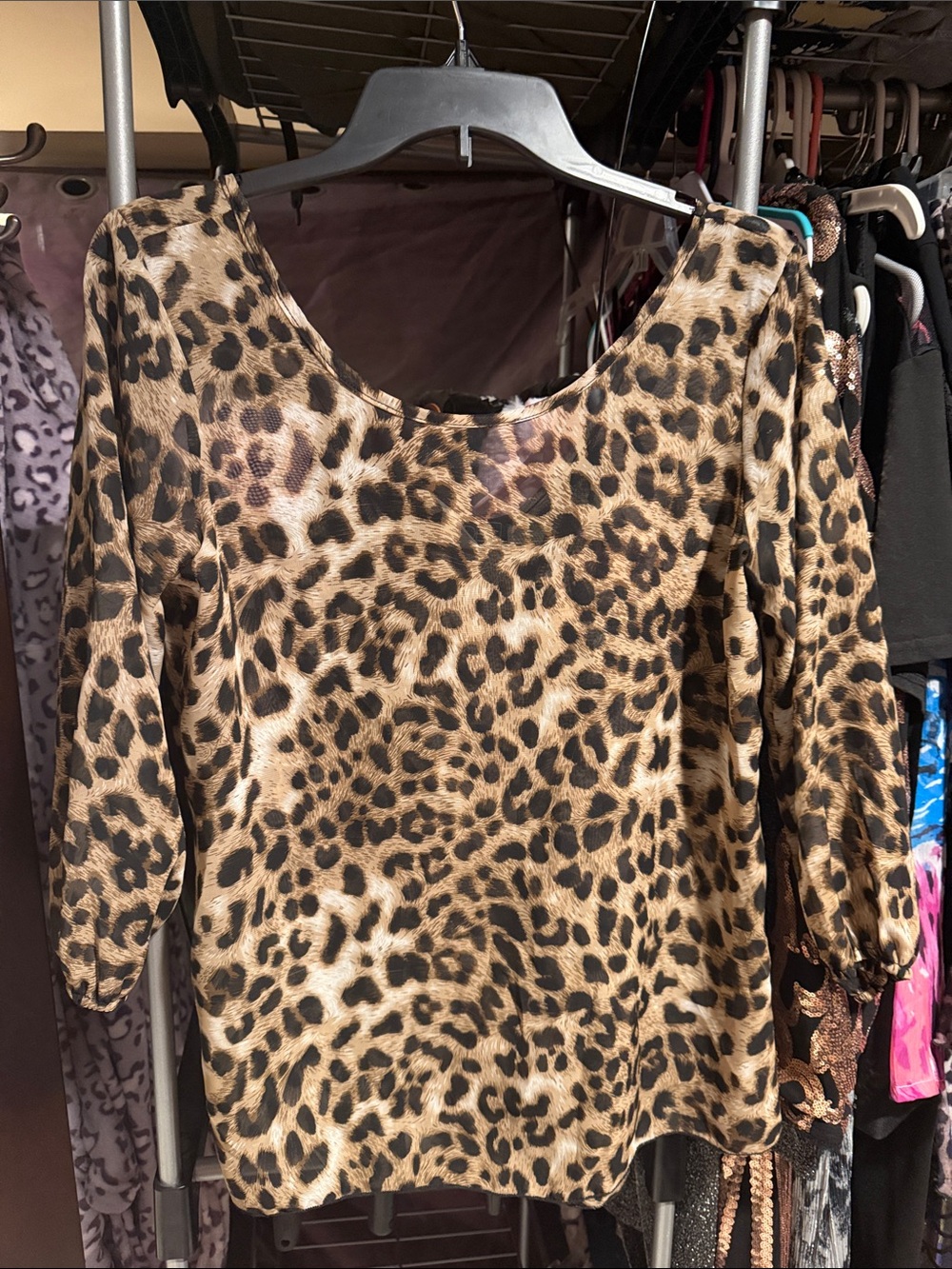 Sheer Leopard Print Scoop Neck Blouse - Brown & Black ( black bow back)